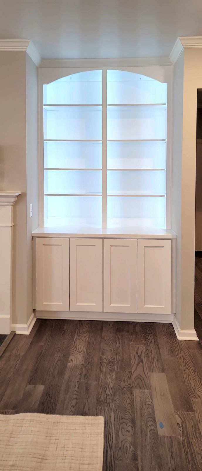 White built-in bookcase with an arched top, lit glass shelves and paneled cabinet doors below