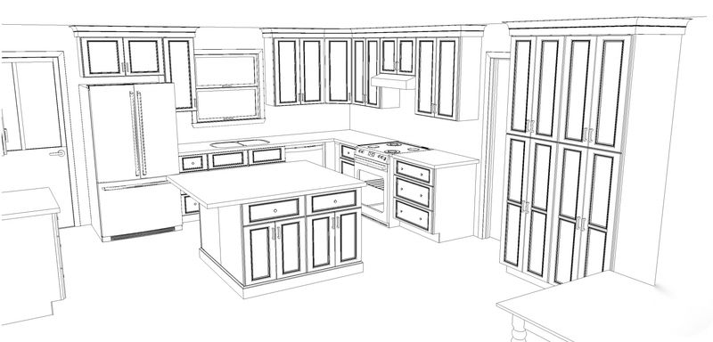 Black and white 3D line drawing of a kitchen with raised-panel cabinets, an island, a range wall and tall pantry cabinets